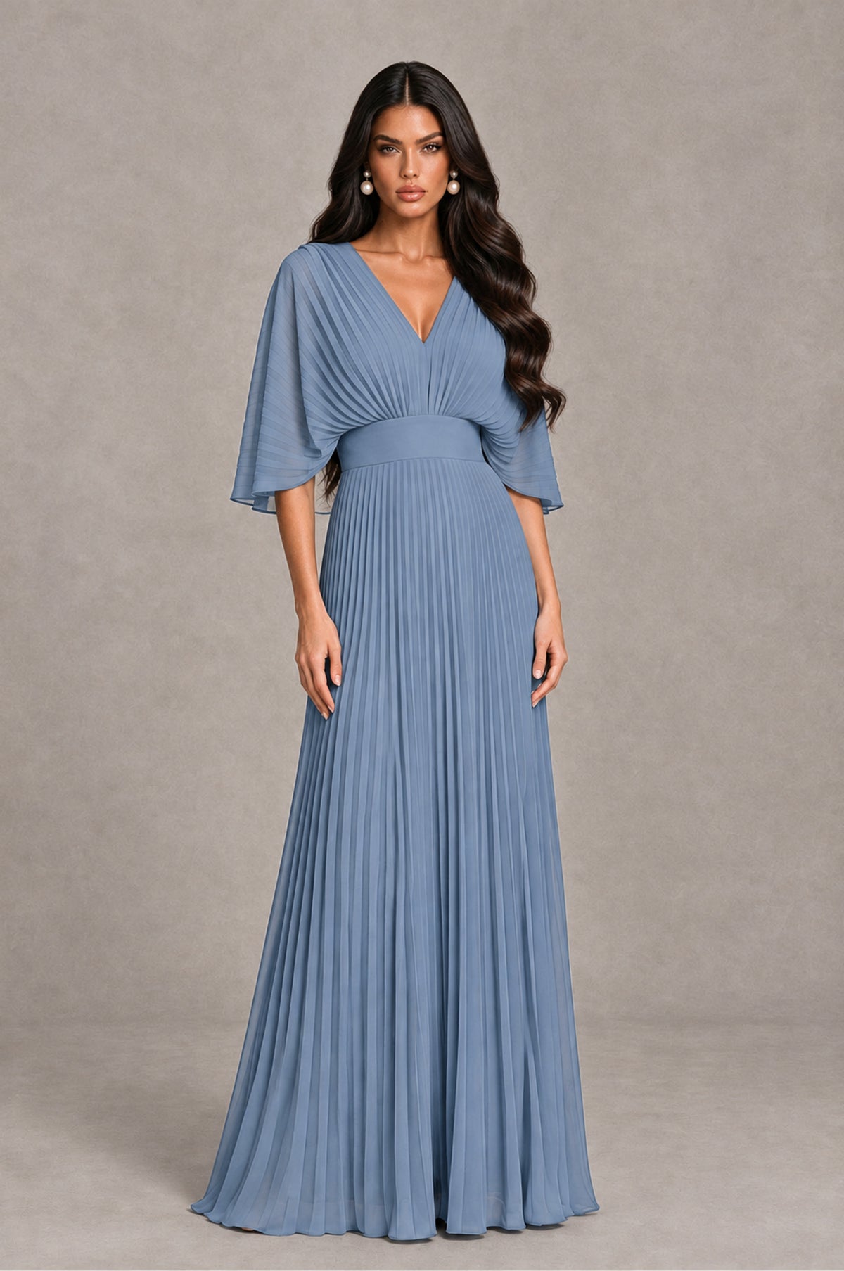 BOLODOO Dusty Blue V-Neck Pleated Flutter Sleeve Formal Dress - Dusty Blue - Dusty Blue_1