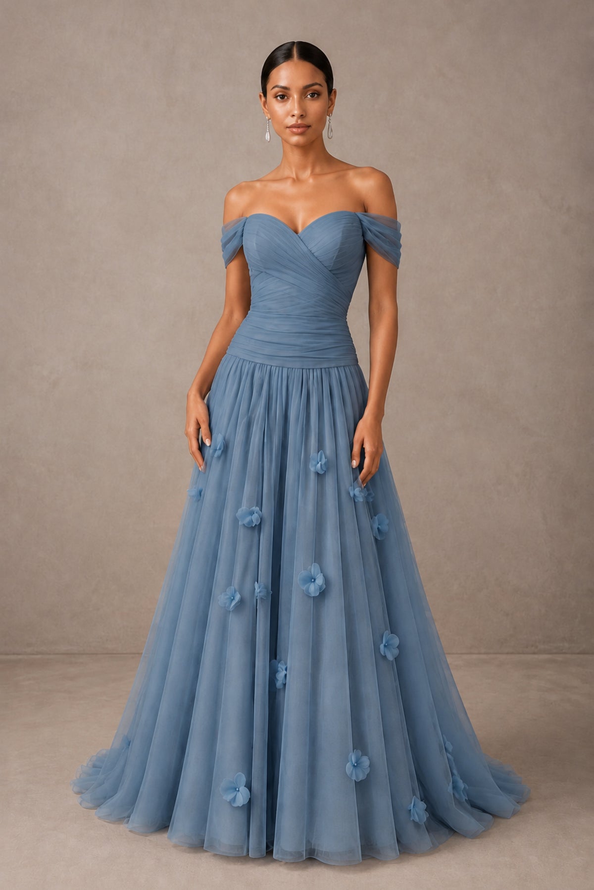 Dusty Blue Off-Shoulder Sweetheart A-Line Tulle Gown with 3D Floral Appliques | BOLODOO - Dusty Blue