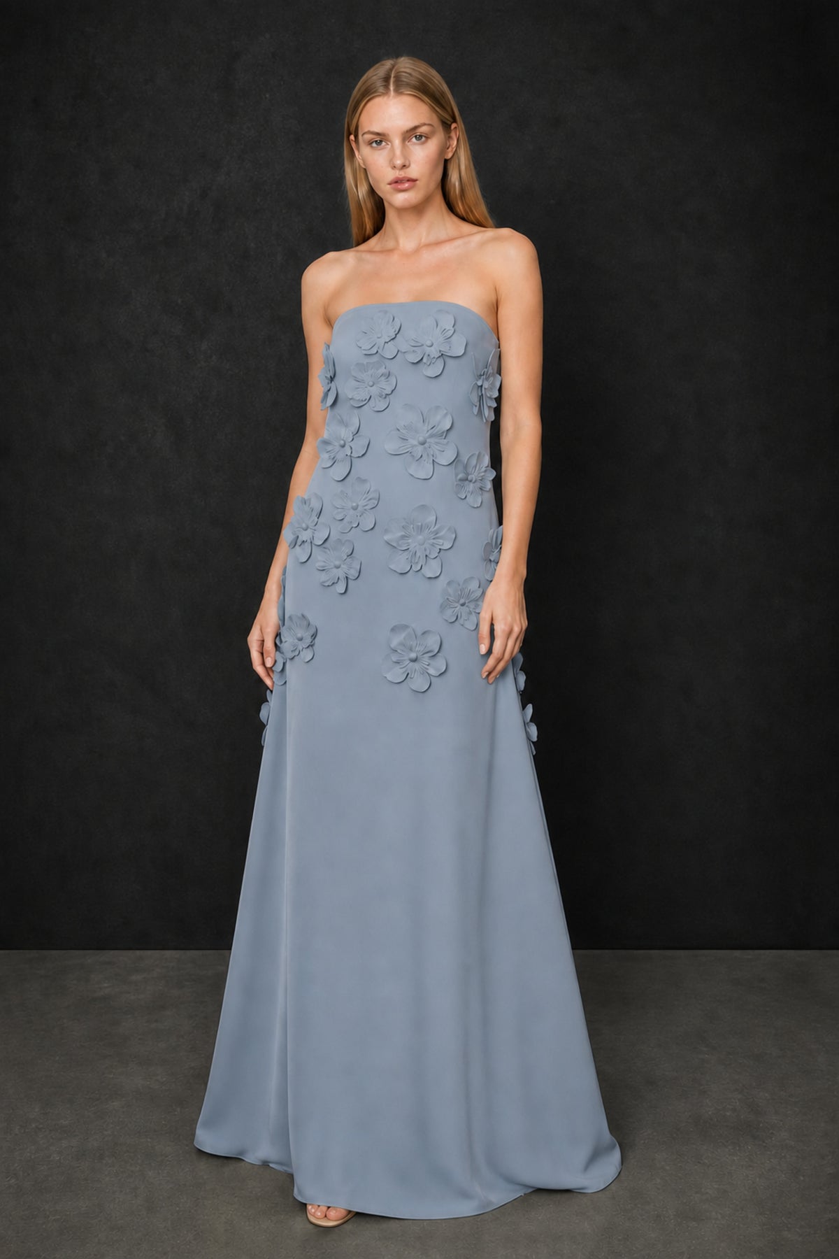 BOLODOO Dusty Blue Strapless 3D Floral Appliqué Crepe Mermaid Maxi Gown - Dusty Blue