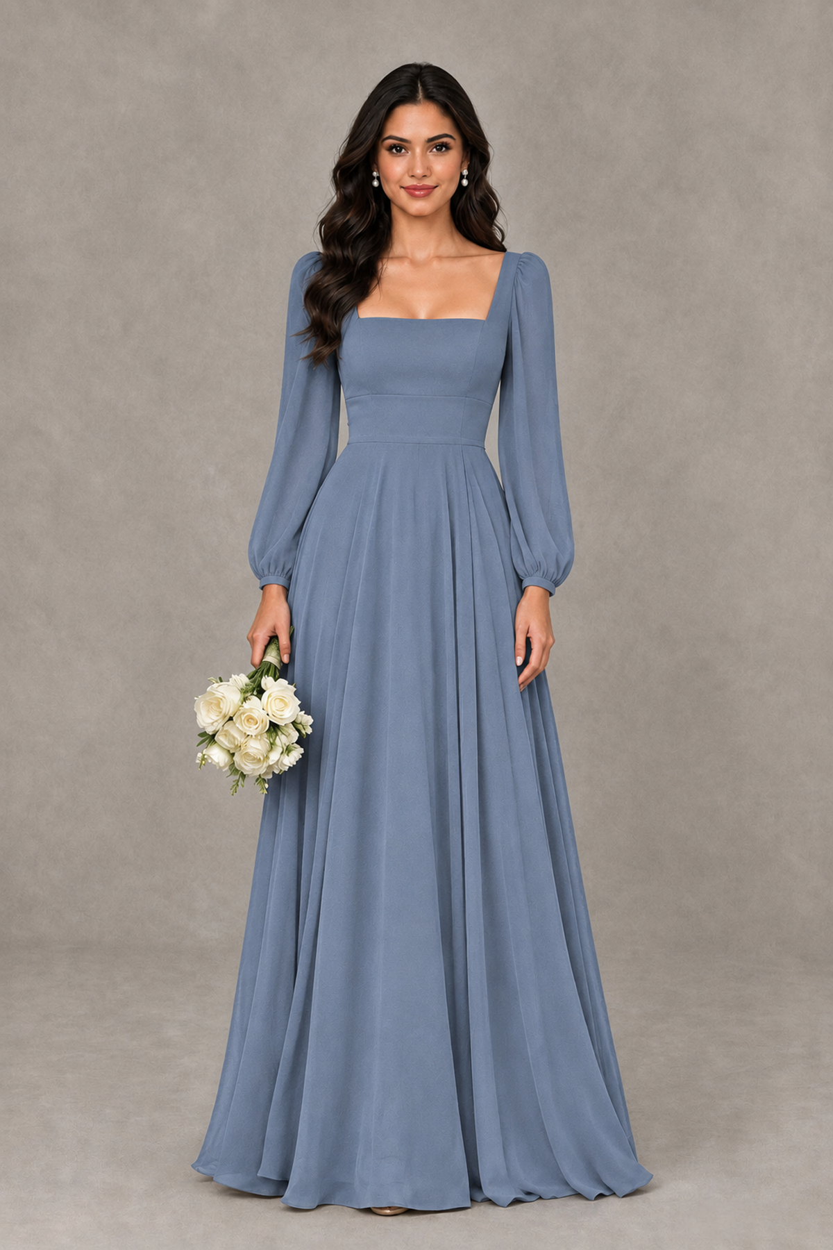 BOLODOO Dusty Blue Square Neck Long Sleeve A-Line Bridesmaid Dress - Dusty Blue - Dusty Blue_1