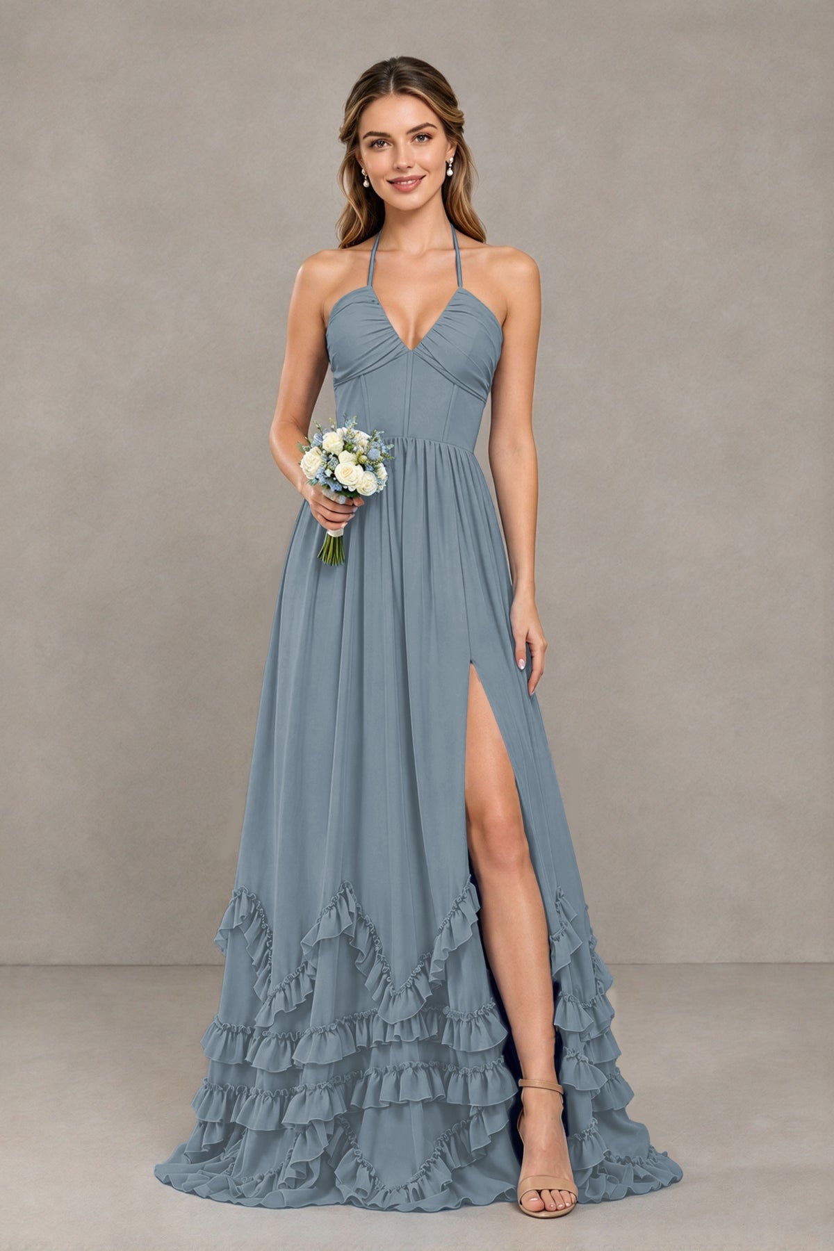 BOLODOO Dusty Blue Halter Ruffle Hem A-Line Bridesmaid Dress with High Slit - Dusty Blue - Dusty Blue(1)