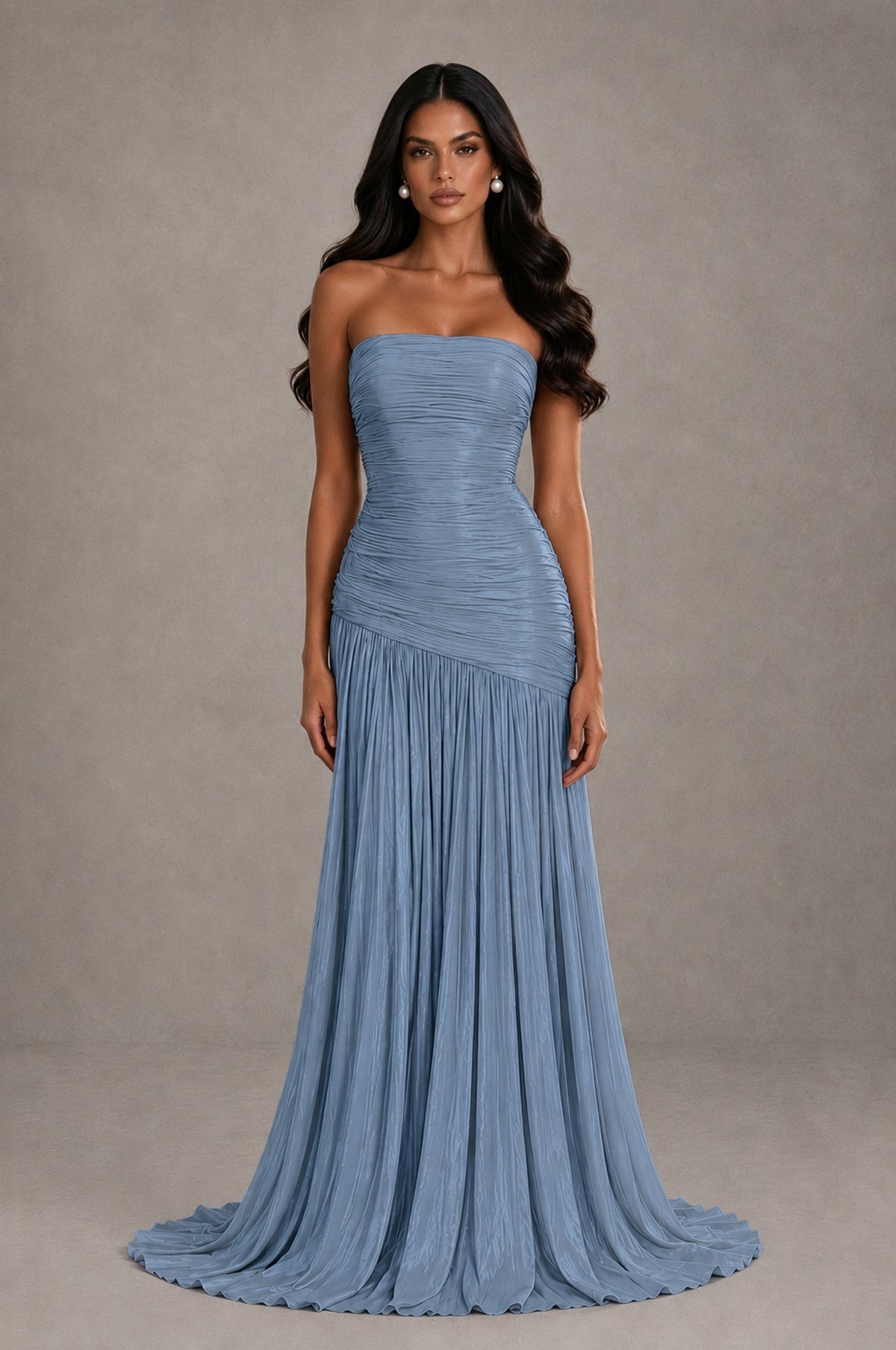 BOLODOO Dusty Blue Metallic Ruched Strapless Pleated A-Line Backless Maxi Dress with Train - Dusty Blue - Dusty Blue_1