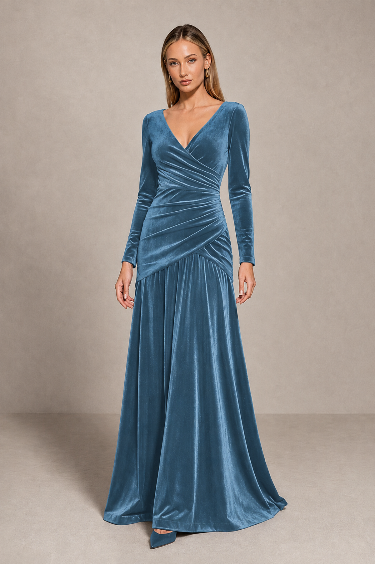 BOLODOO Dusty Blue Velvet Long Sleeve V-Neck Ruched Evening Dress - Dusty Blue - Dusty_Blue_1