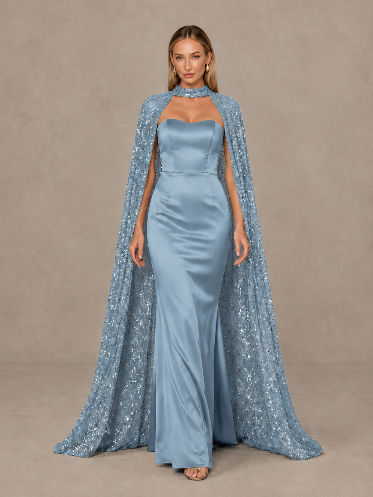 BOLODOO Dusty Blue Strapless Satin-Look Evening Gown with Sequin Cape - Dusty Blue - Dusty_Blue_1
