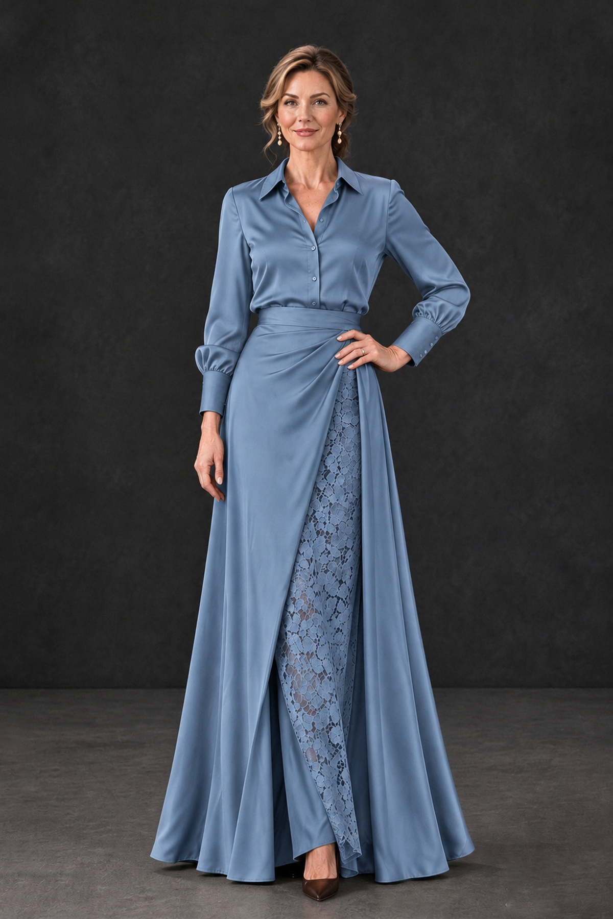 BOLODOO Dusty Blue Long Sleeve Satin-Look Lace Panel Gown - Dusty Blue - Dusty Blue_1
