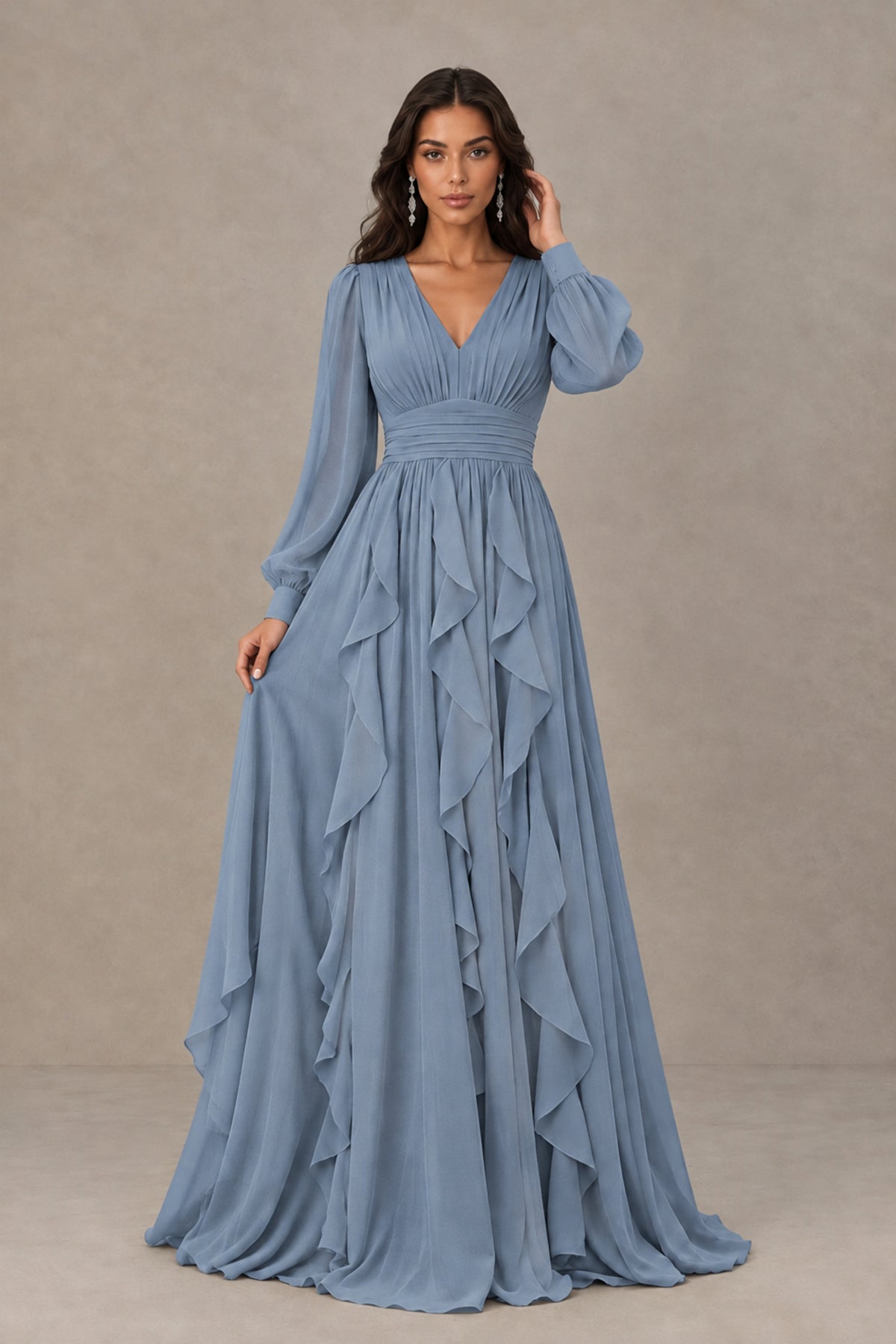 BOLODOO Dusty Blue Long Sleeve V-Neck Ruffle Maxi Dress - Dusty Blue