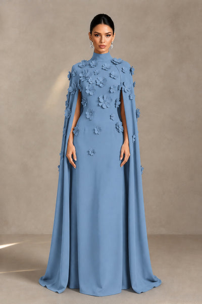 BOLODOO Dusty Blue 3D Floral Applique Cape Formal Dress - Dusty Blue - Dusty Blue_1