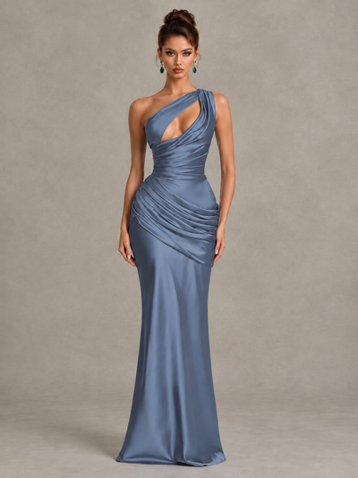 BOLODOO Dusty Blue One-Shoulder Cutout Satin Mermaid Prom Dress - Dusty Blue - Dusty Blue_1