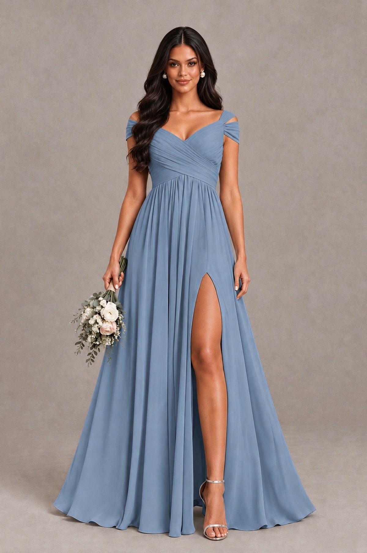 BOLODOO Dusty Blue Cold Shoulder Chiffon Evening Dress with V Neck and High Slit - Dusty Blue - Dusty Blue_1