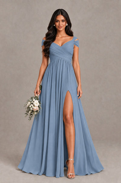 BOLODOO Dusty Blue Cold Shoulder Chiffon Evening Dress with V Neck and High Slit - Dusty Blue - Dusty Blue_1