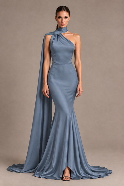 BOLODOO Dusty Blue One-Shoulder Satin Mermaid Evening Dress with Scarf - Dusty Blue - Dusty Blue_1