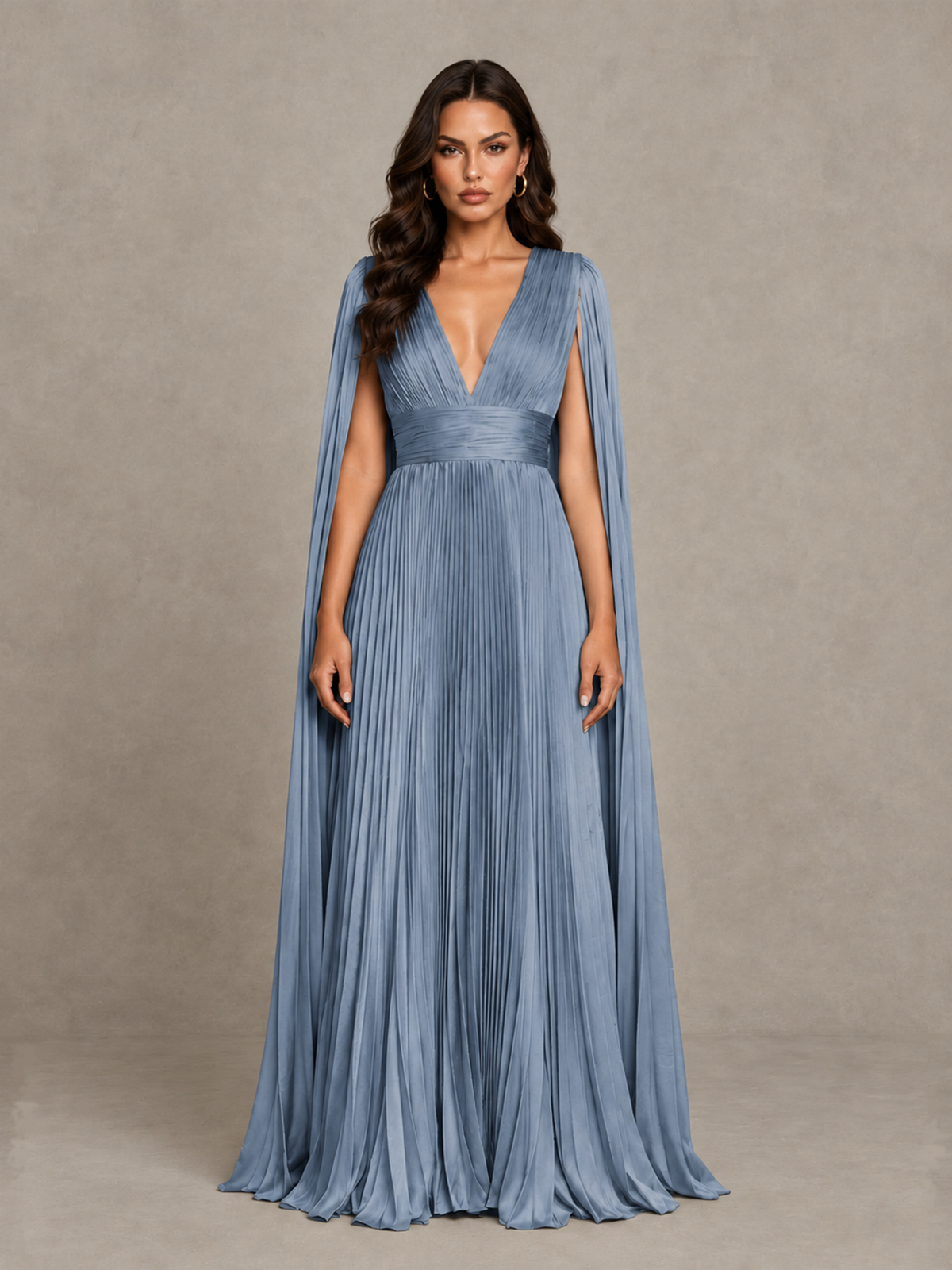 BOLODOO Dusty Blue Deep V-Neck Pleated Cape Sleeve Evening Gown - Dusty Blue - Dusty Blue_1