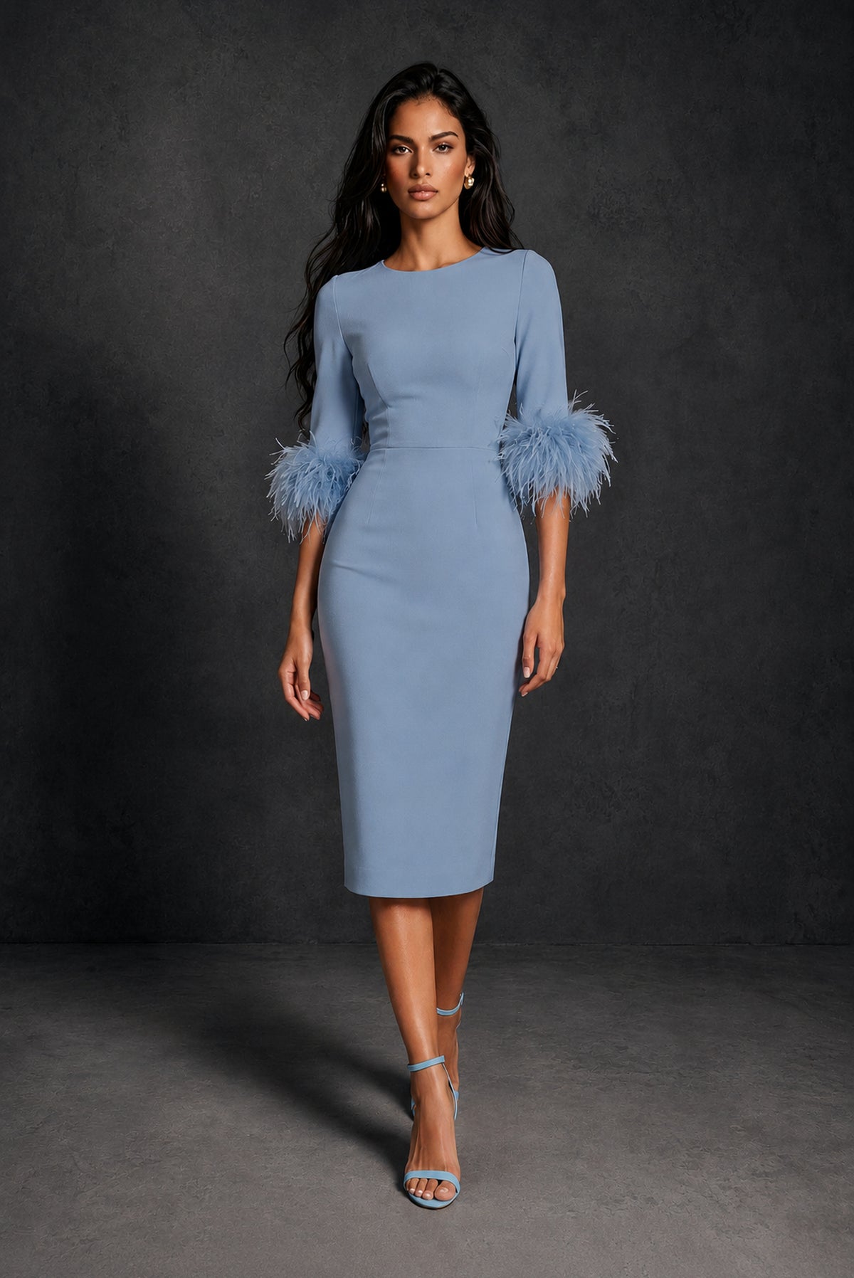BOLODOO Dusty Blue Ostrich Feather Cuff 3/4 Sleeve Round Neck Bodycon Midi Dress with Back Slit - Dusty Blue