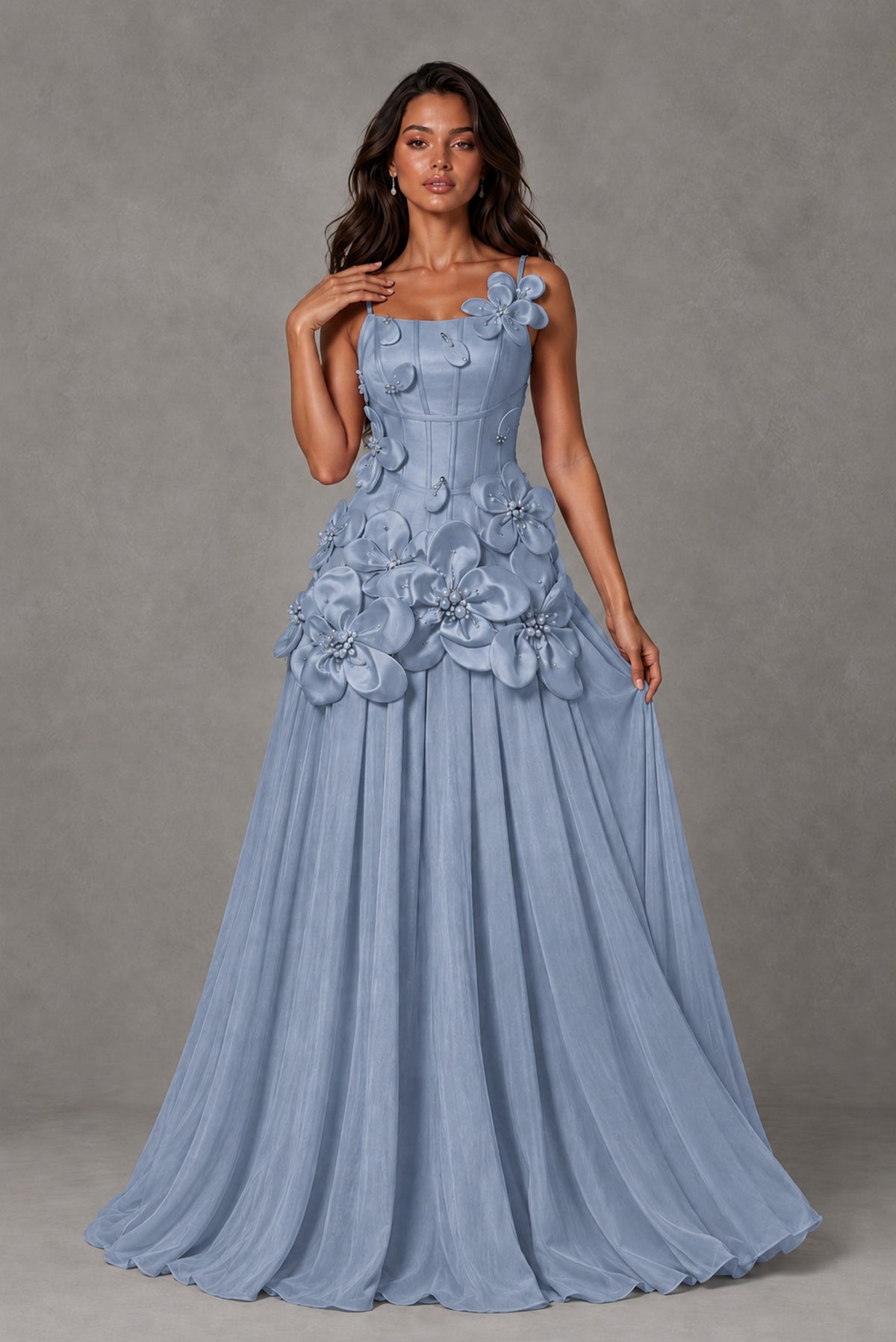 BOLODOO Dusty Blue 3D Floral Appliqué Floor-Length A-Line Evening Gown - Dusty Blue