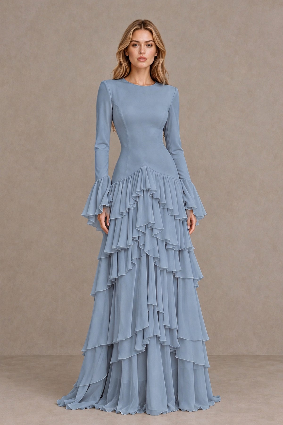 Dusty Blue Long Sleeve Tiered Ruffle Evening Gown - Dusty Blue - Dusty Blue_1