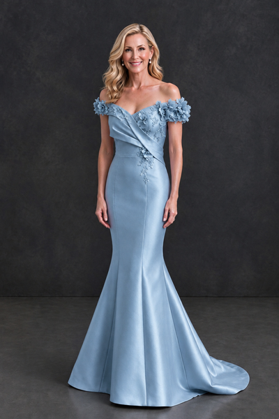 BOLODOO Dusty Blue Off-Shoulder Floral Mermaid Mother of the Bride Dress - Dusty Blue - Dusty Blue_1