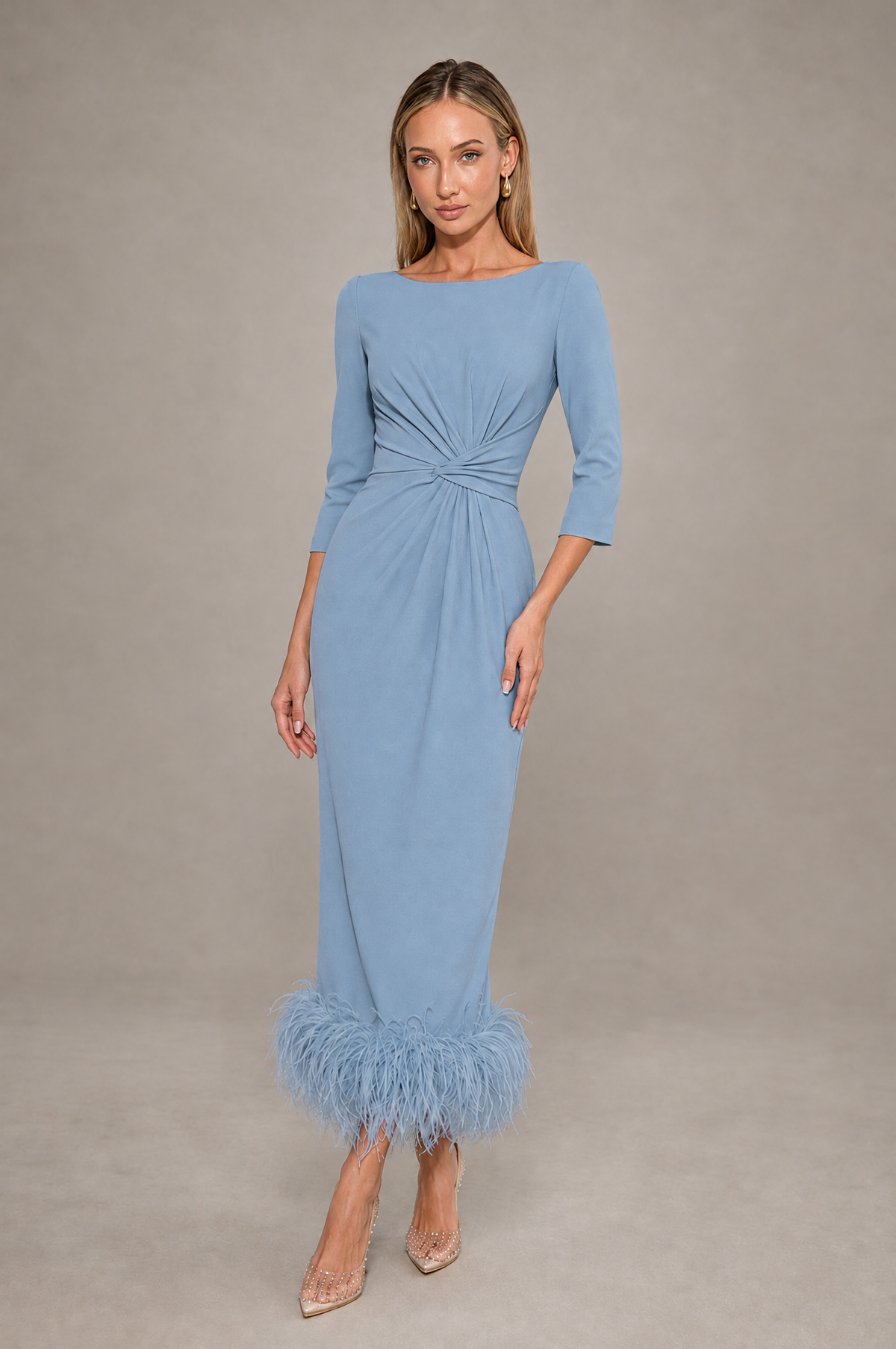 BOLODOO Dusty Blue Feather-Trim Twist-Waist Midi Dress - Dusty Blue - Dusty_Blue_1