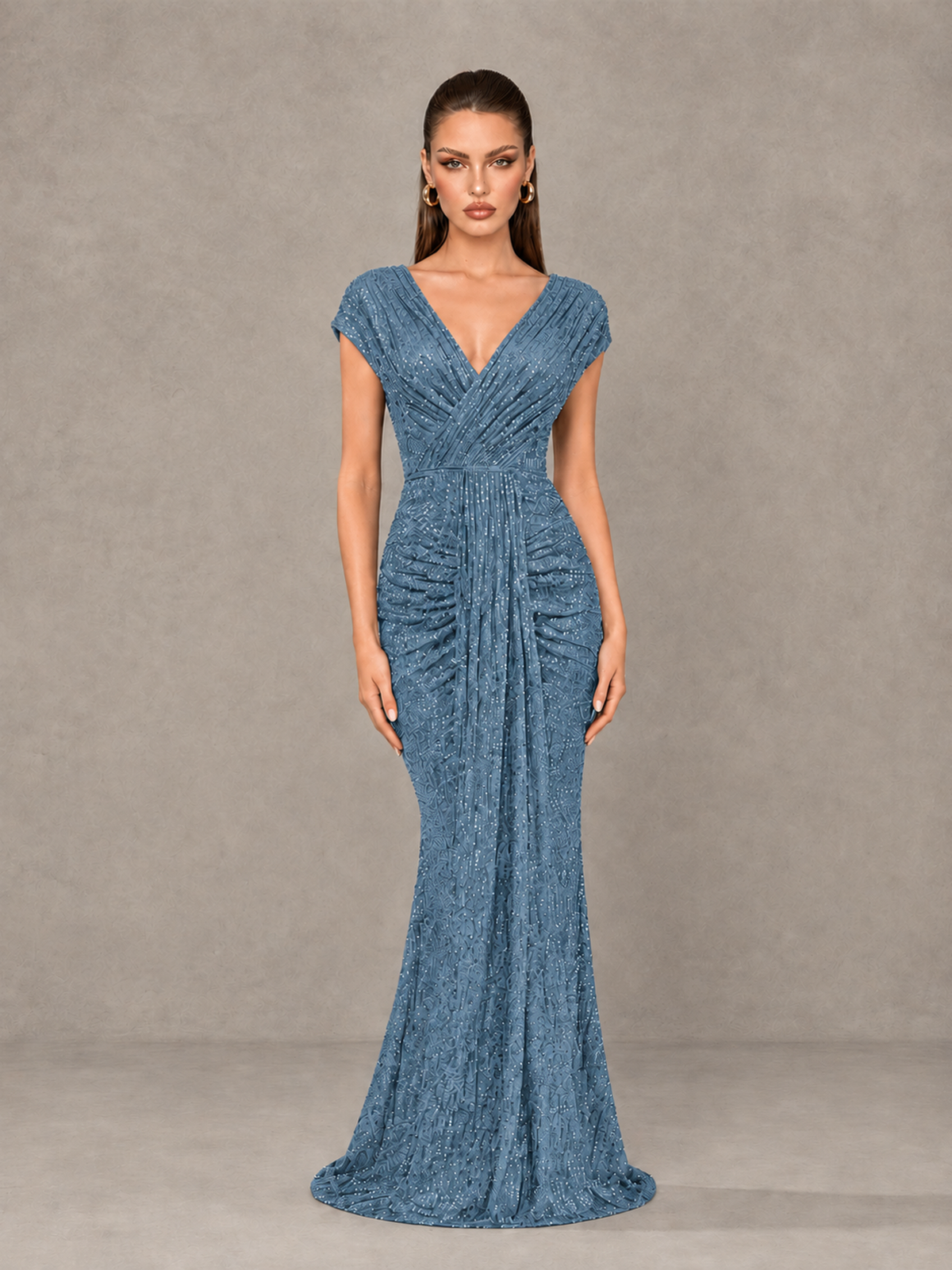 BOLODOO Dusty Blue Glitter V-Neck Cap Sleeve Ruched Mermaid Evening Gown - Dusty Blue - Dusty Blue_1