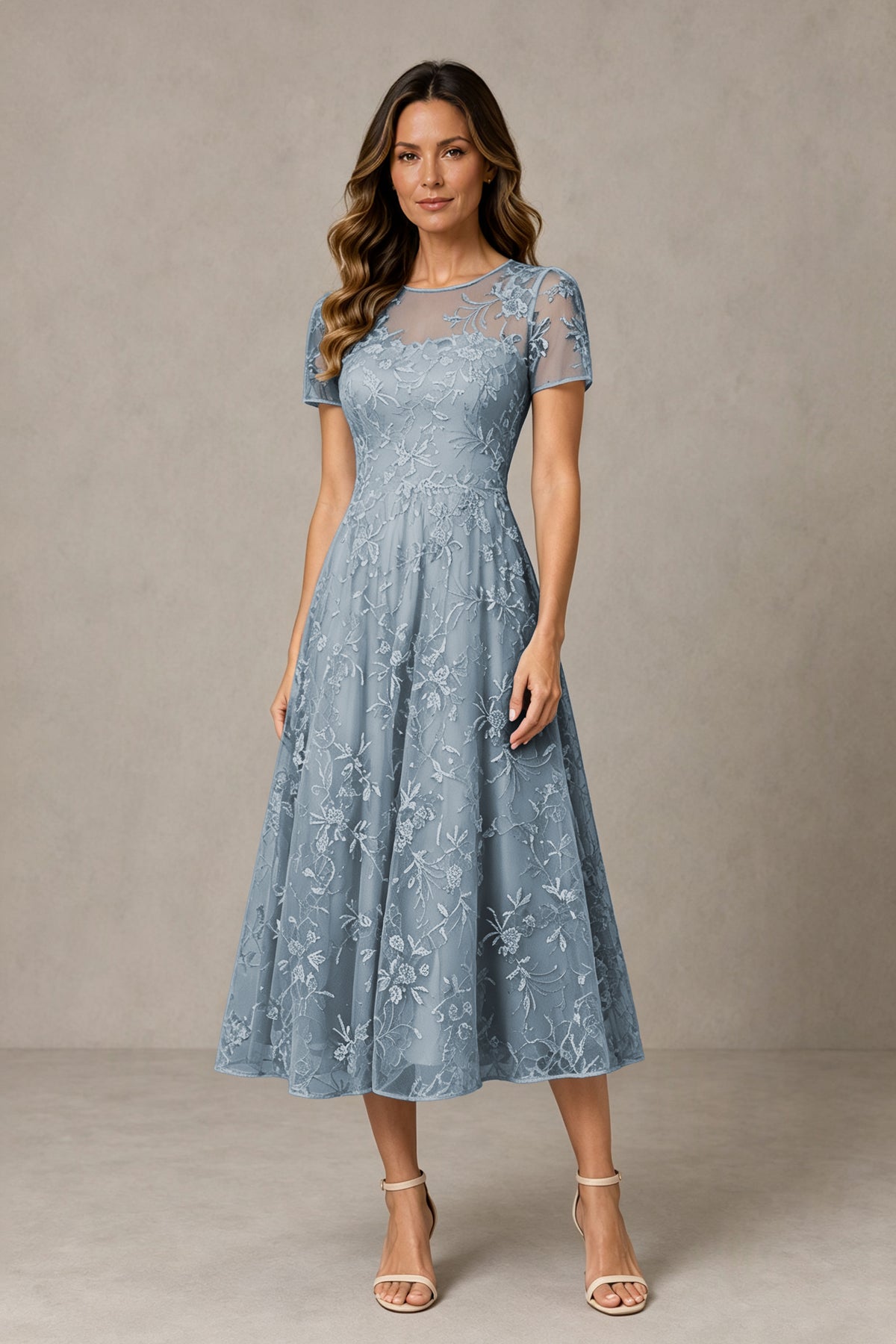 BOLODOO Dusty Blue Textured Floral A-Line Dress with Short Sleeves - Dusty Blue