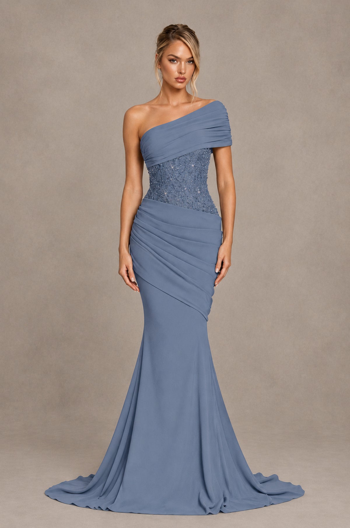 BOLODOO Dusty Blue One-Shoulder Sequin Embroidered Ruched Mermaid Gown with Train - Dusty Blue - Dusty Blue_1