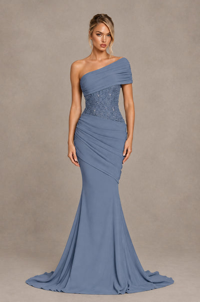 BOLODOO Dusty Blue One-Shoulder Sequin Embroidered Ruched Mermaid Gown with Train - Dusty Blue - Dusty Blue_1