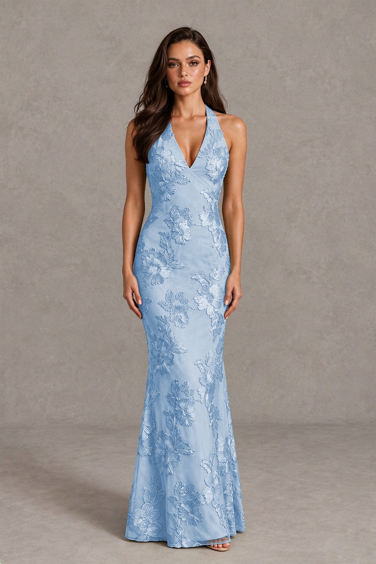 BOLODOO Dusty Blue Floral Jacquard Halter Maxi Dress - Dusty Blue - Dusty Blue(1)