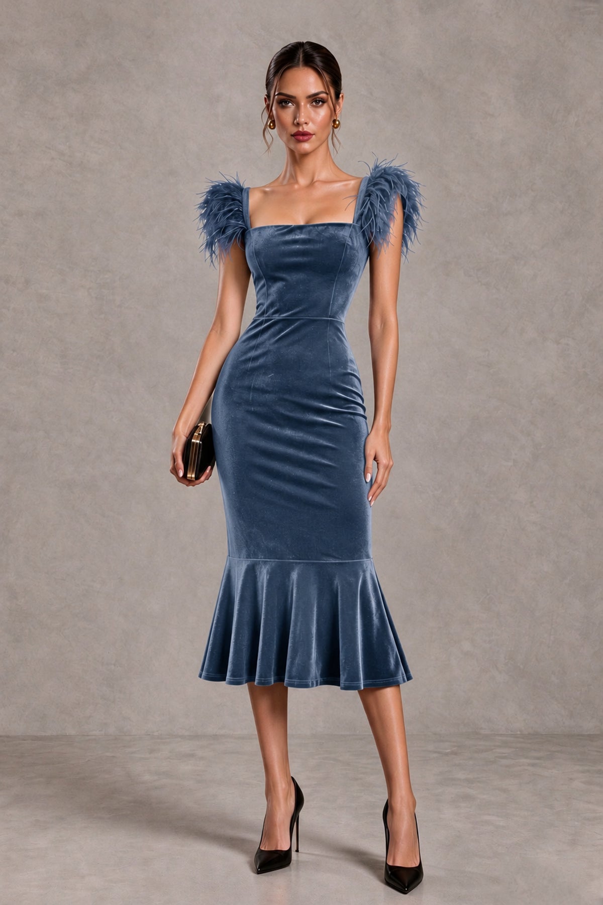 BOLODOO Dusty Blue Feather-Trim Velvet-Look Mermaid Midi Dress - Dusty Blue - Dusty Blue_1