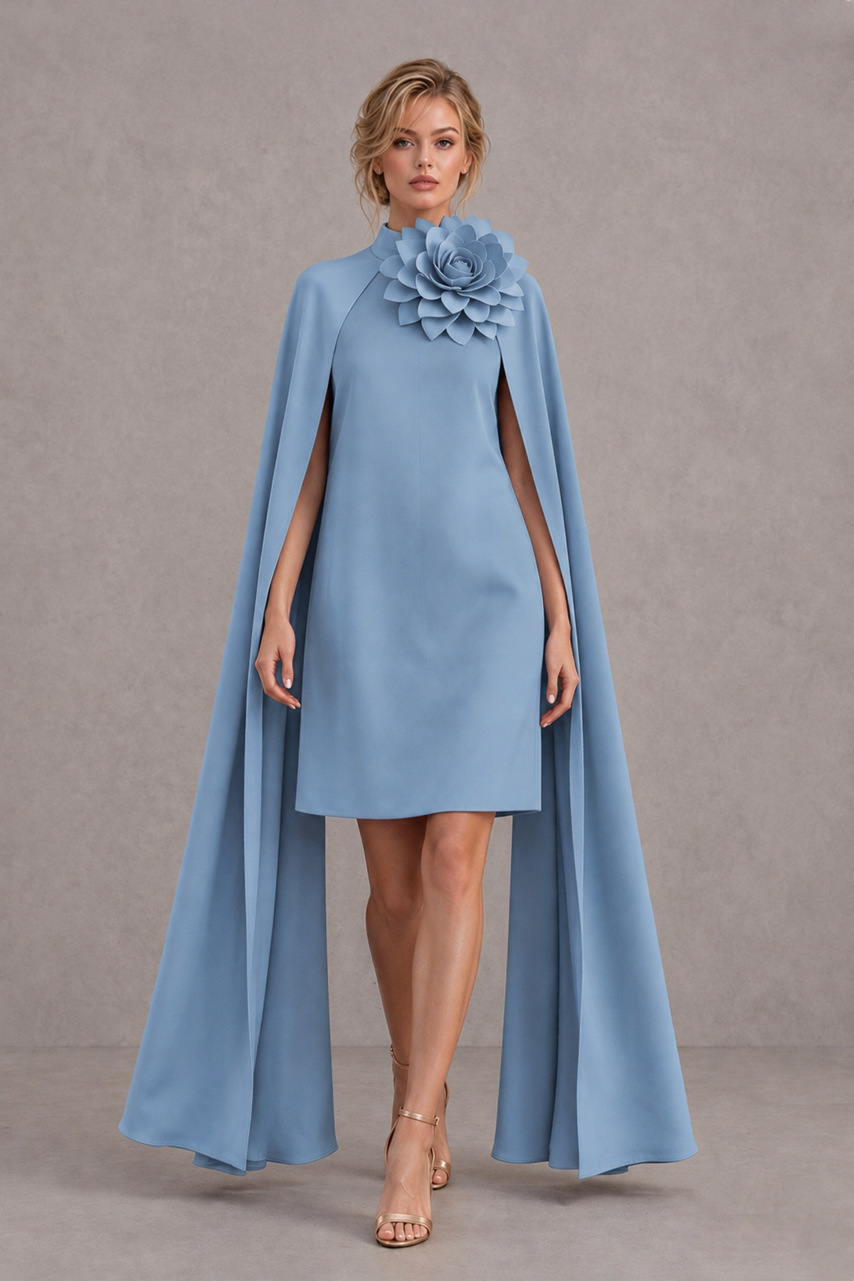 BOLODOO Dusty Blue High Neck Floral Cape Mini Cocktail Dress - Dusty Blue - Dusty Blue_1