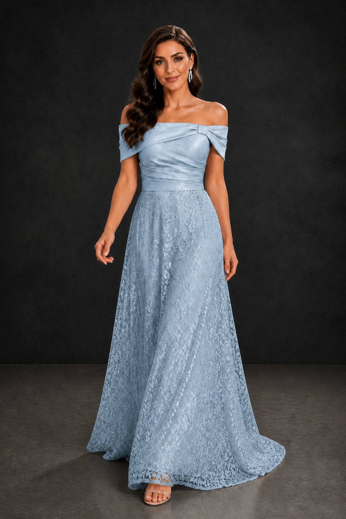 BOLODOO Dusty Blue Lace Glitter Off Shoulder Cap Sleeve A-Line Ball Gown with Train – Formal Evening Dress - Dusty Blue