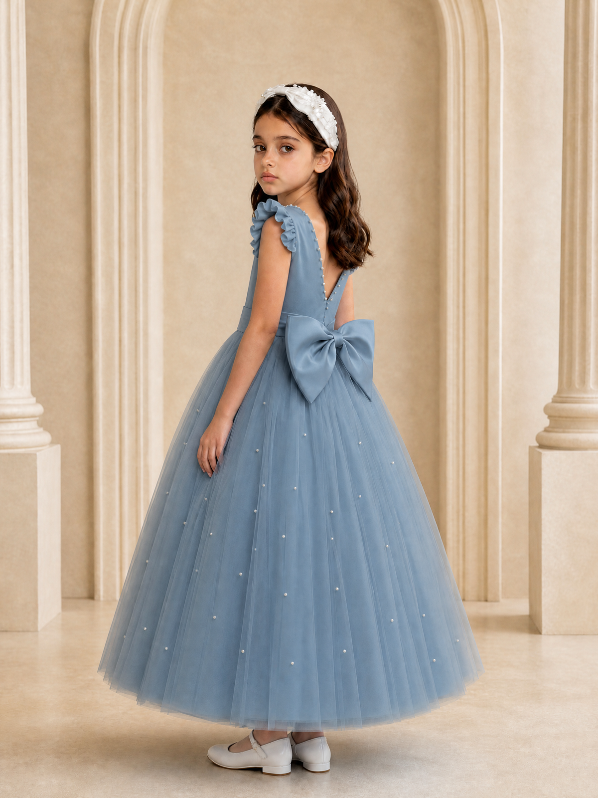 BOLODOO Dusty Blue Tulle Flower Girl Dress with Ruffle Sleeves & Bow Back - Dusty Blue - Dusty_Blue_1