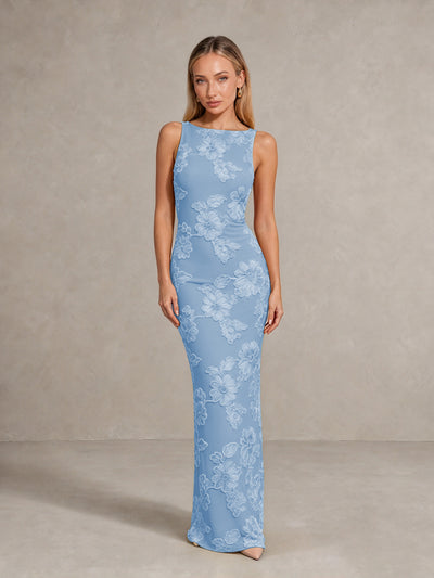 BOLODOO Dusty Blue Floral Sleeveless Maxi Wedding Guest Dress - Dusty Blue - Dusty Blue(1)