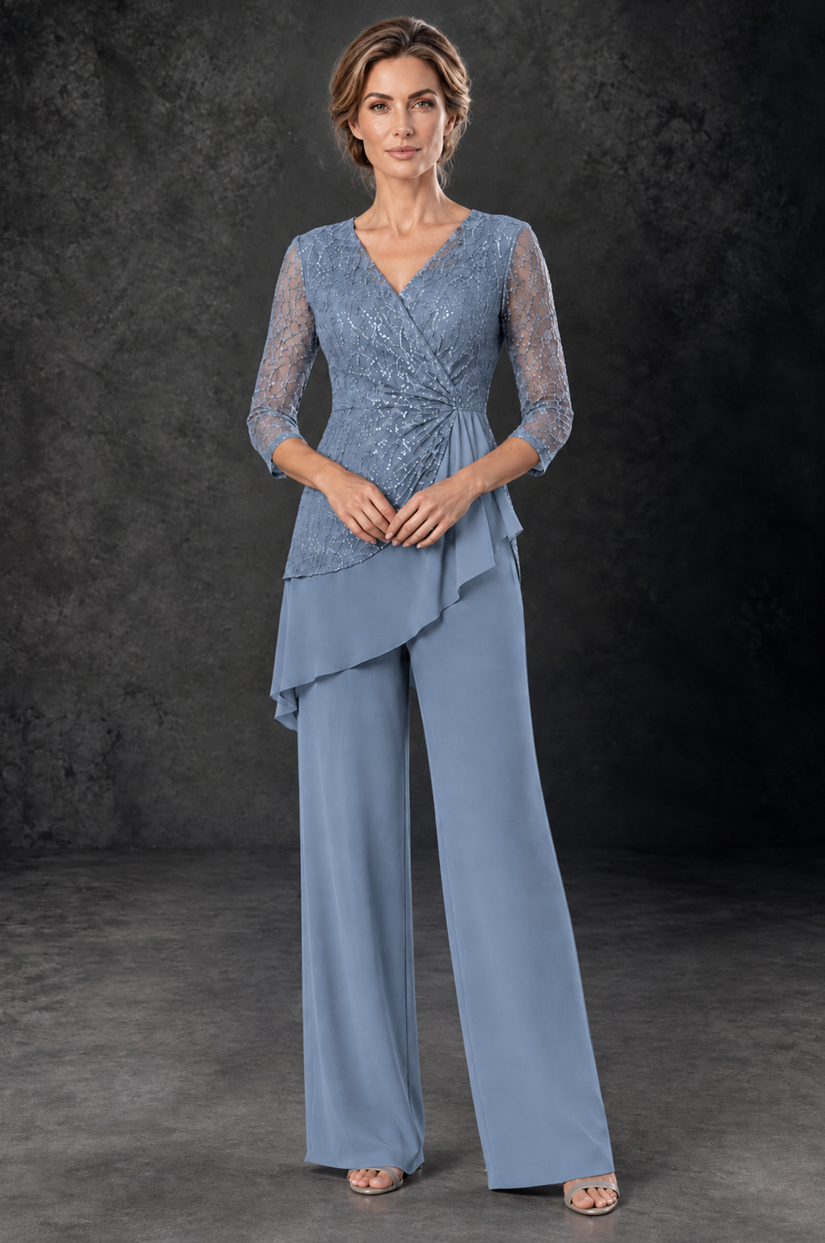 BOLODOO Dusty Blue Sequin Lace 3/4 Sleeve Chiffon Mother of the Bride Pant Suit - Dusty Blue - Dusty_Blue_1