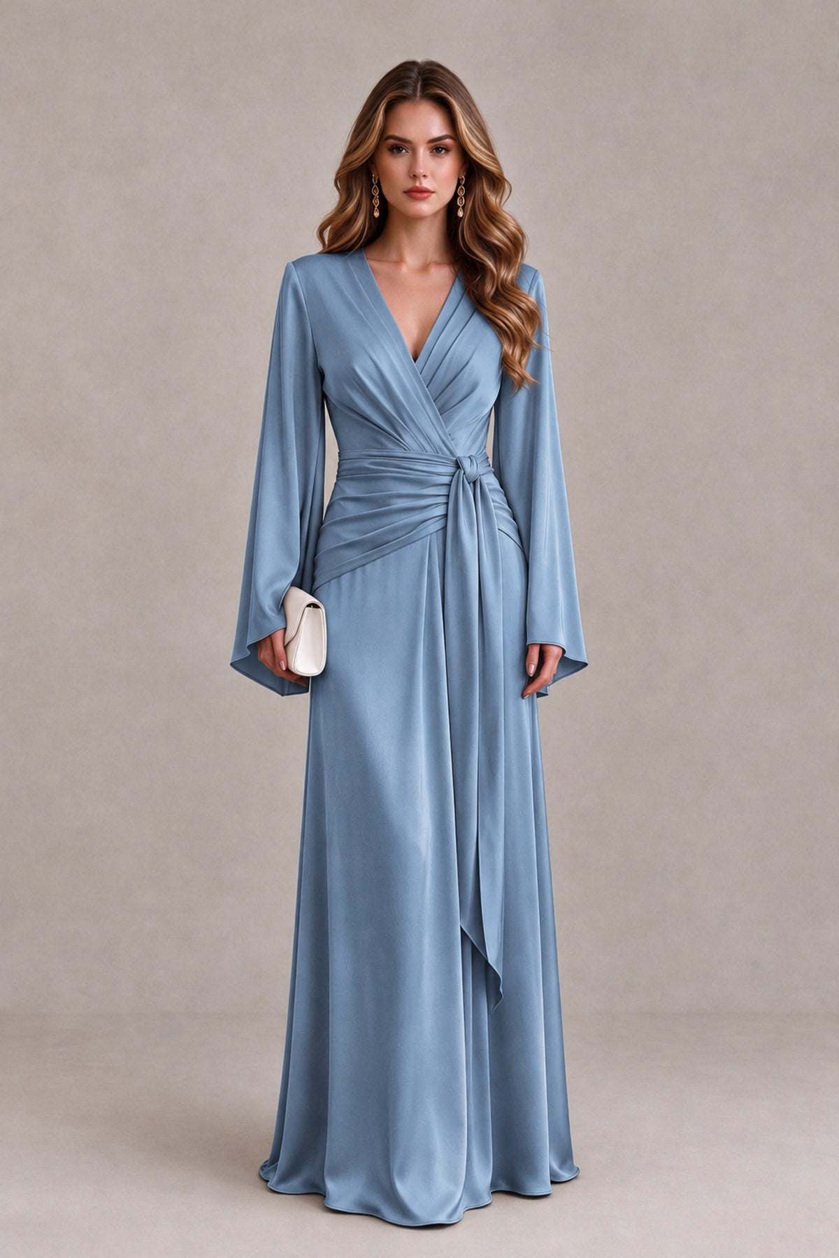 BOLODOO Dusty Blue Yellow Satin-Look V-Neck Long Bell Sleeve Evening Dress - Dusty Blue - Dusty_Blue_1