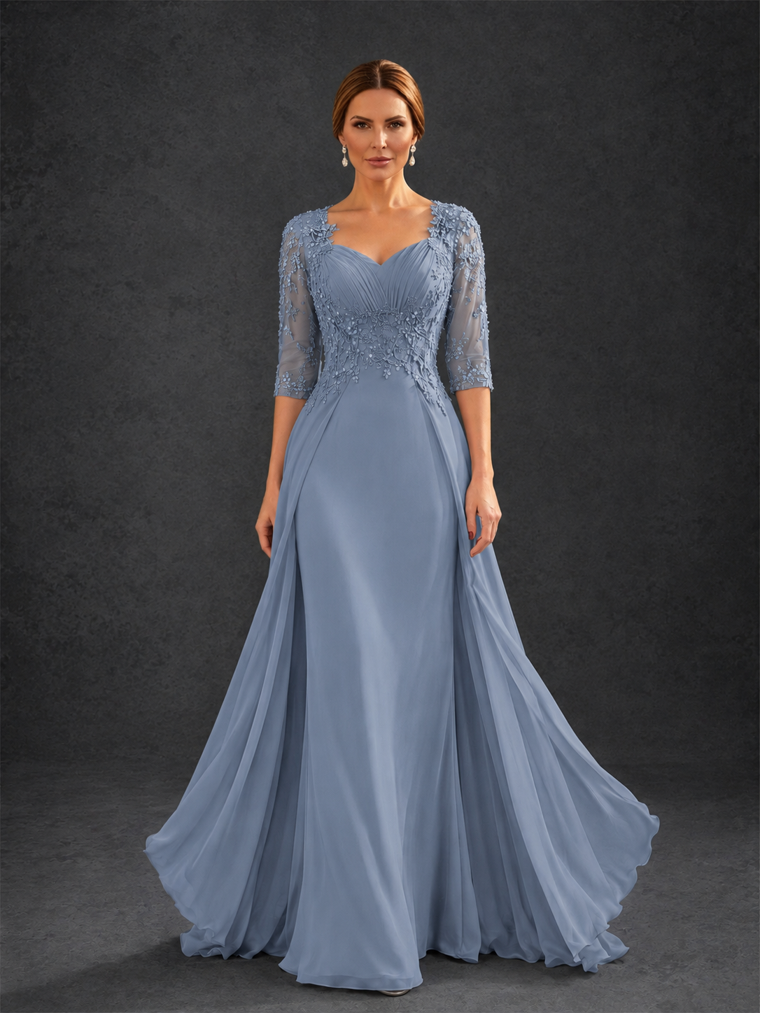 BOLODOO Dusty Blue Sweetheart Neck 3/4 Sleeve Floral Lace Illusion Bodice Chiffon A-Line Gown - Dusty Blue