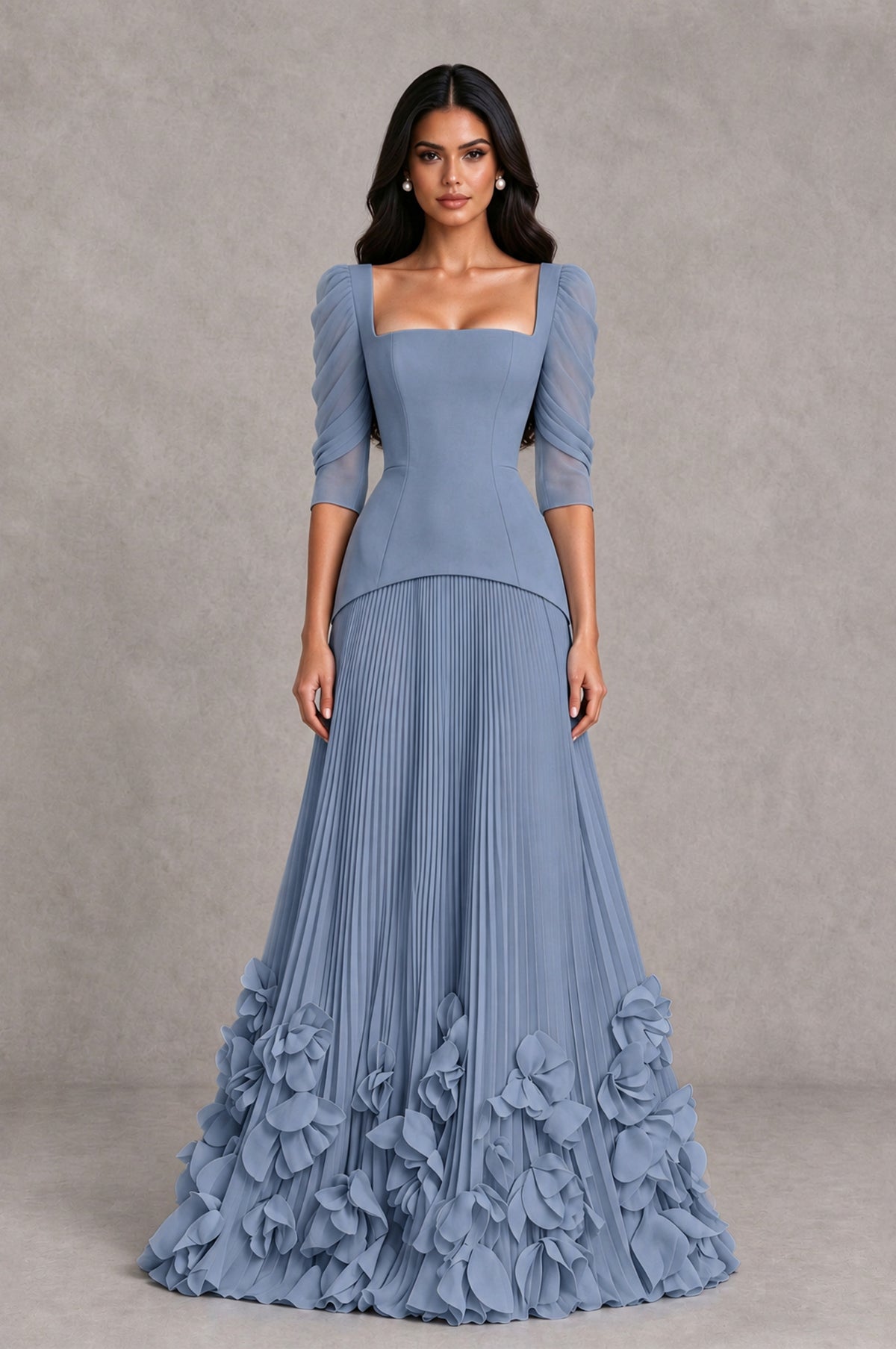 BOLODOO Dusty Blue Square Neck Pleated Floral Applique Evening Dress - Dusty Blue - Dusty Blue_1