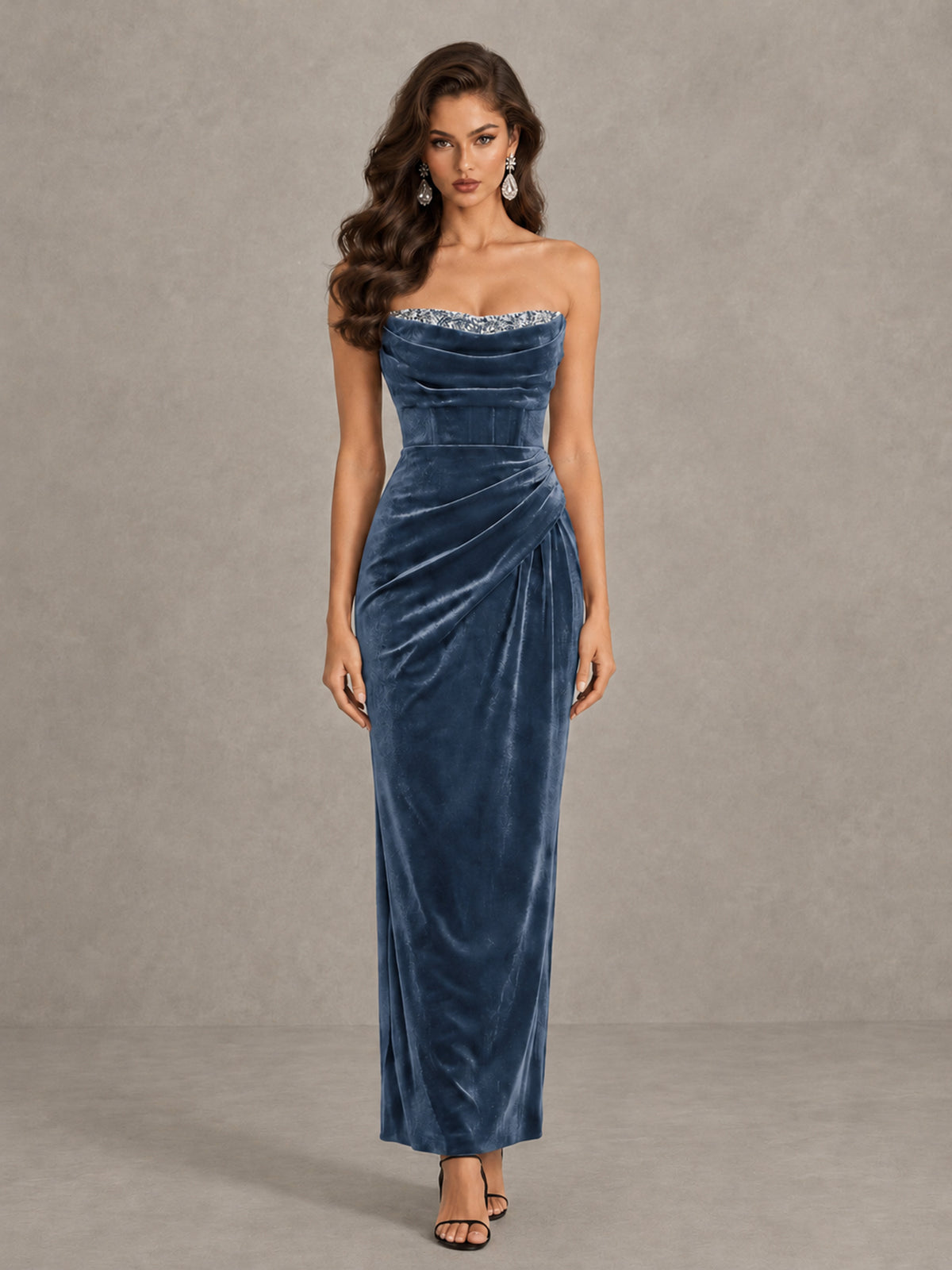BOLODOO Dusty Blue Strapless Velvet Cocktail Maxi Dress - Dusty Blue - Dusty Blue_1