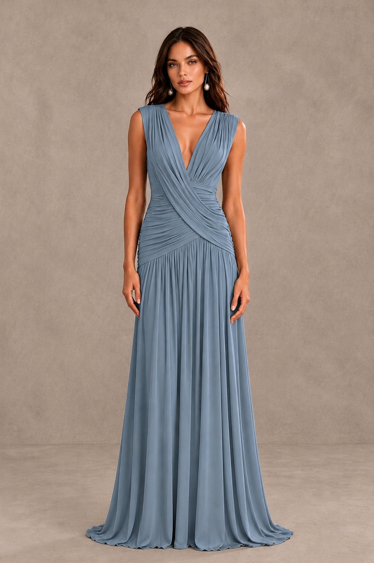 BOLODOO Dusty Blue V-Neck Ruched Wedding Guest Dress - Dusty Blue - Dusty Blue_1