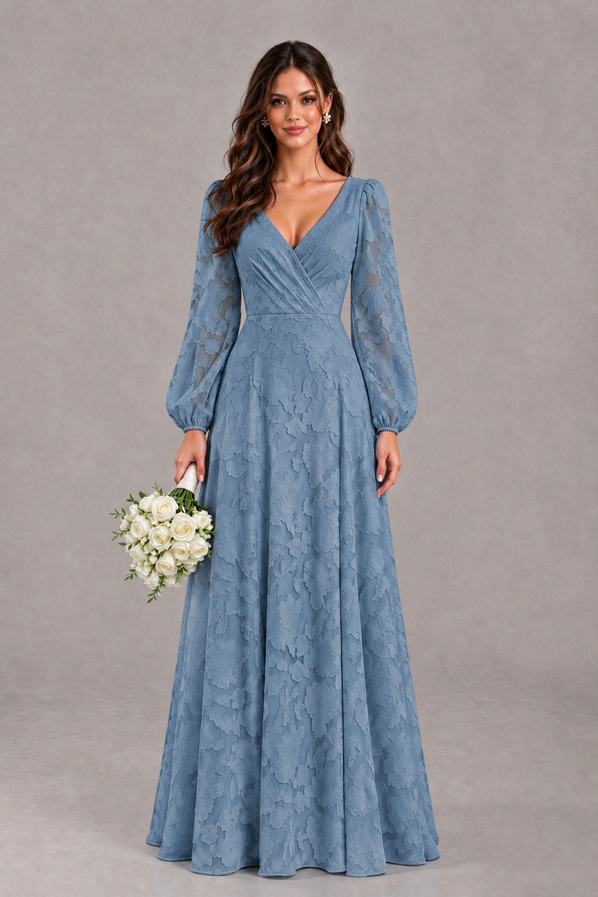 BOLODOO Dusty Blue Long Sleeve V-Neck A-Line Mother of the Bride Dress - Dusty Blue - Dusty Blue_1