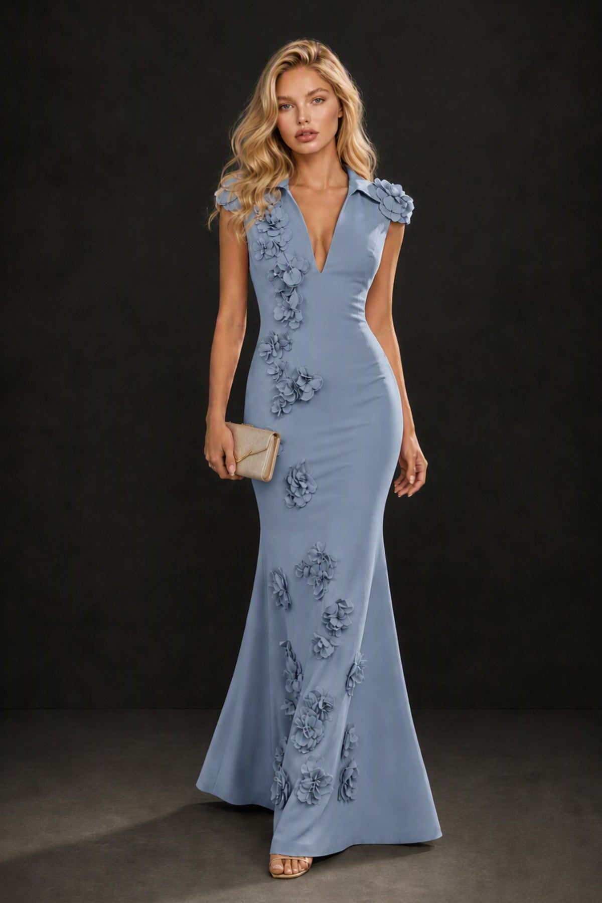 BOLODOO Dusty Blue 3D Floral Appliqué Deep V-Neck Cap Sleeve Mermaid Gown - Dusty Blue