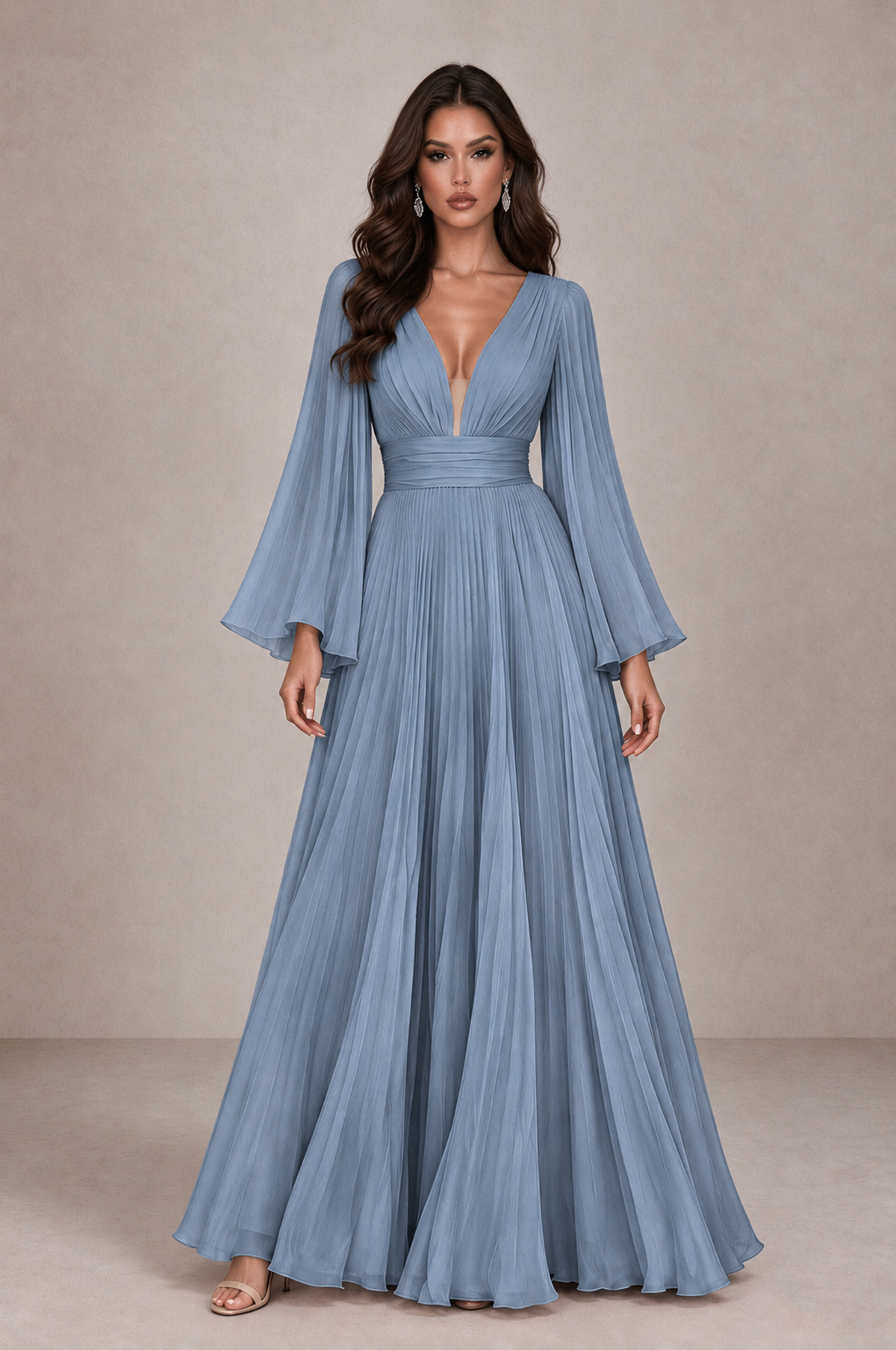 BOLODOO Dusty Blue Pleated Deep V-Neck Long Bell Sleeve Evening Dress - Dusty Blue - Dusty_Blue_1