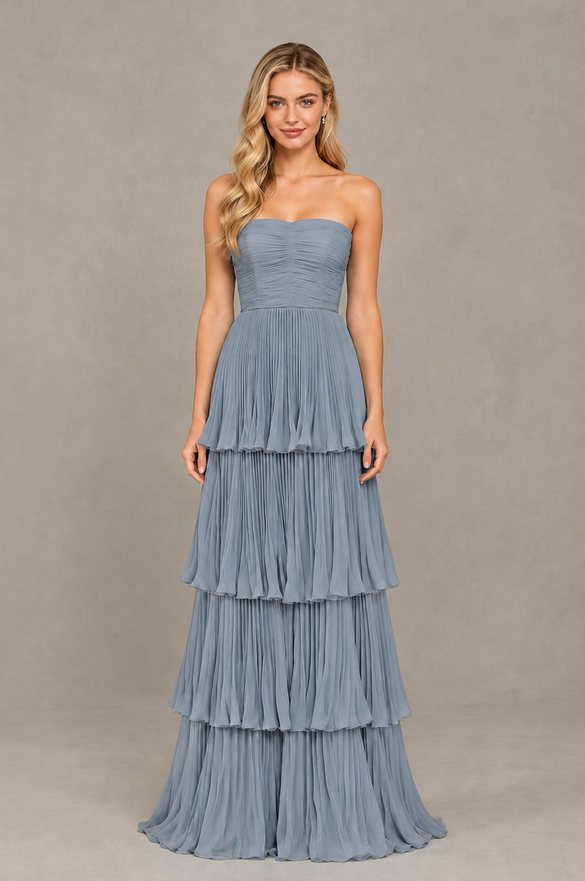 BOLODOO Dusty Blue Strapless Tiered Chiffon Maxi Dress - Dusty Blue