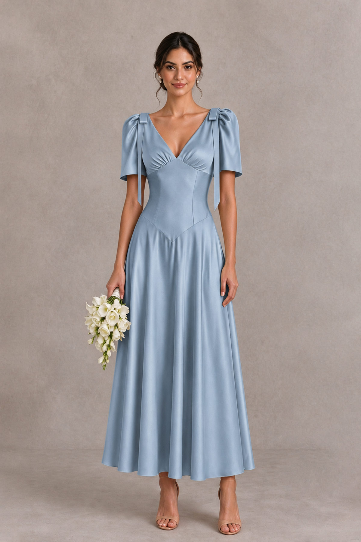 BOLODOO Dusty Blue V-Neck Short Sleeve Satin-Look Bridesmaid Dress with Shoulder Bows - Dusty Blue - Dusty Blue_1