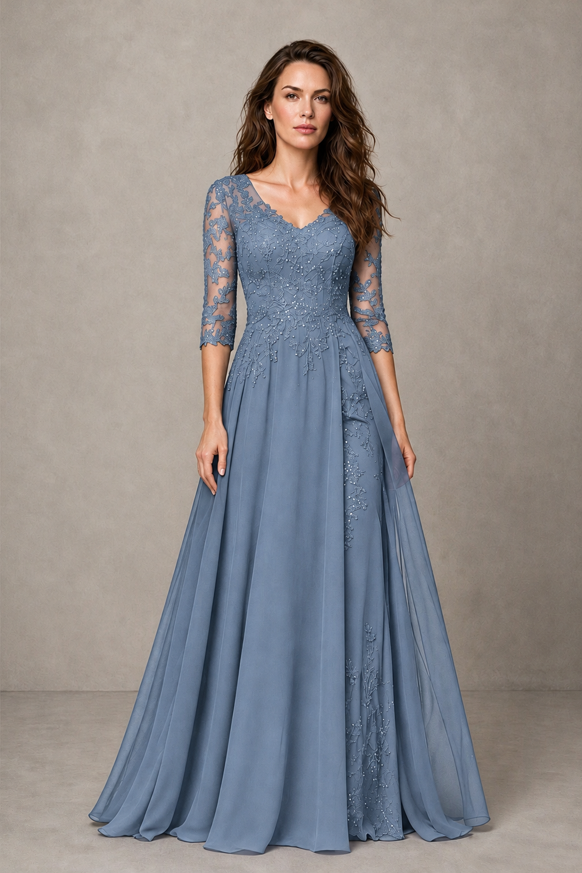 BOLODOO Midnight Dusty Blue Beaded Lace Appliqué Chiffon A-Line Gown | Mother of the Bride & Formal Evening Dress - Dusty Blue - Dusty Blue_1