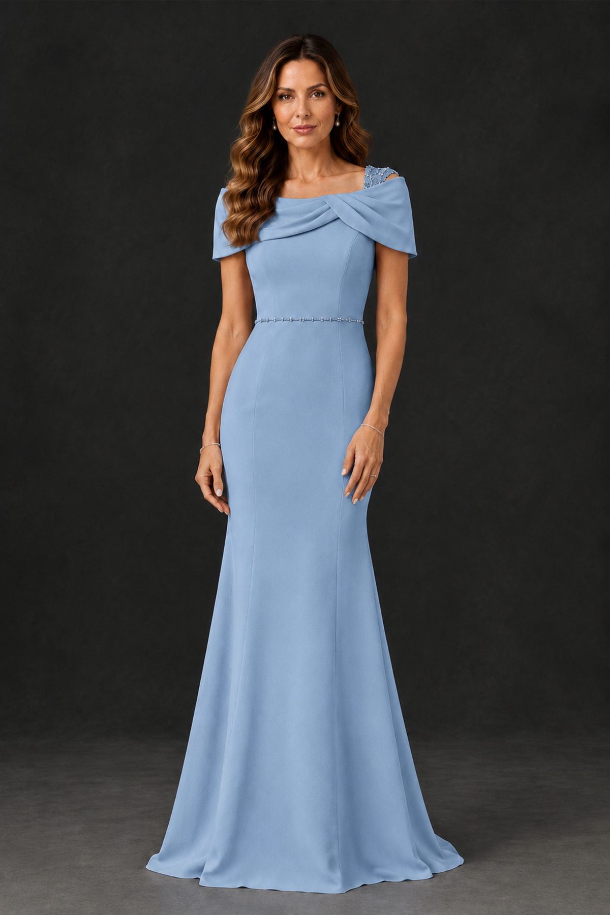 BOLODOO Dusty Blue Mother of the Bride Dress with Draped Cape Detail - Dusty Blue - Dusty_Blue_1