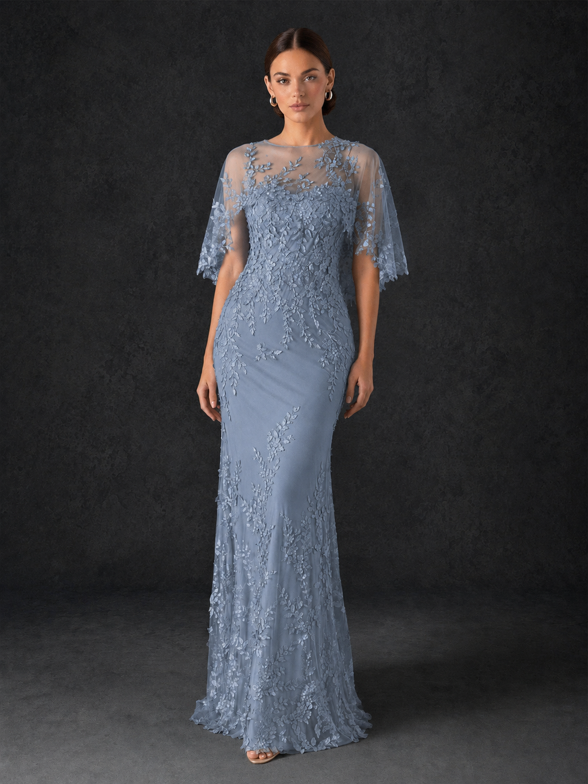 BOLODOO Mocha Dusty Blue Botanical Lace Flutter Sleeve Mermaid Gown - Dusty Blue