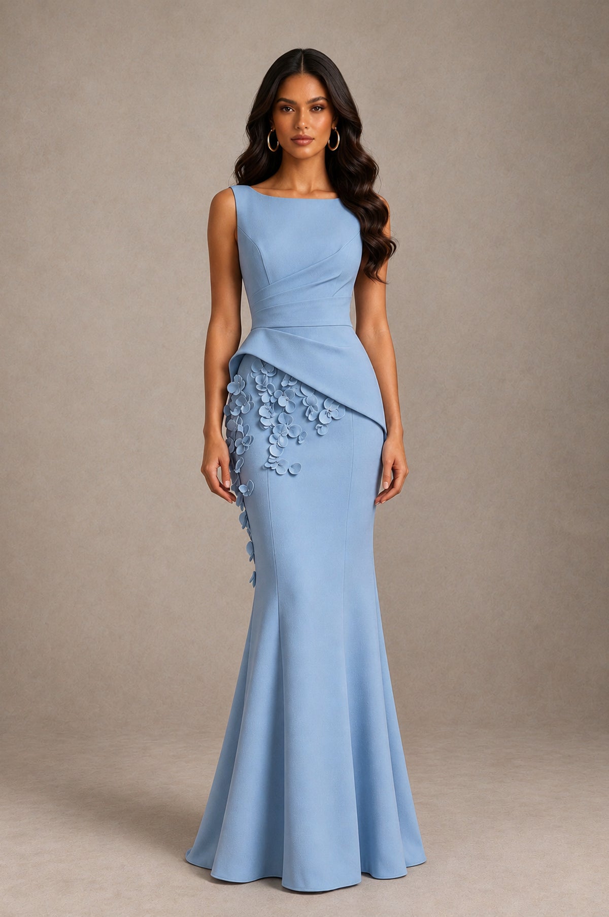 BOLODOO Dusty Blue Bateau Neck Sleeveless Asymmetric Peplum 3D Petal Appliqué Mermaid Gown BD0421 - Dusty Blue - Dusty Blue_1