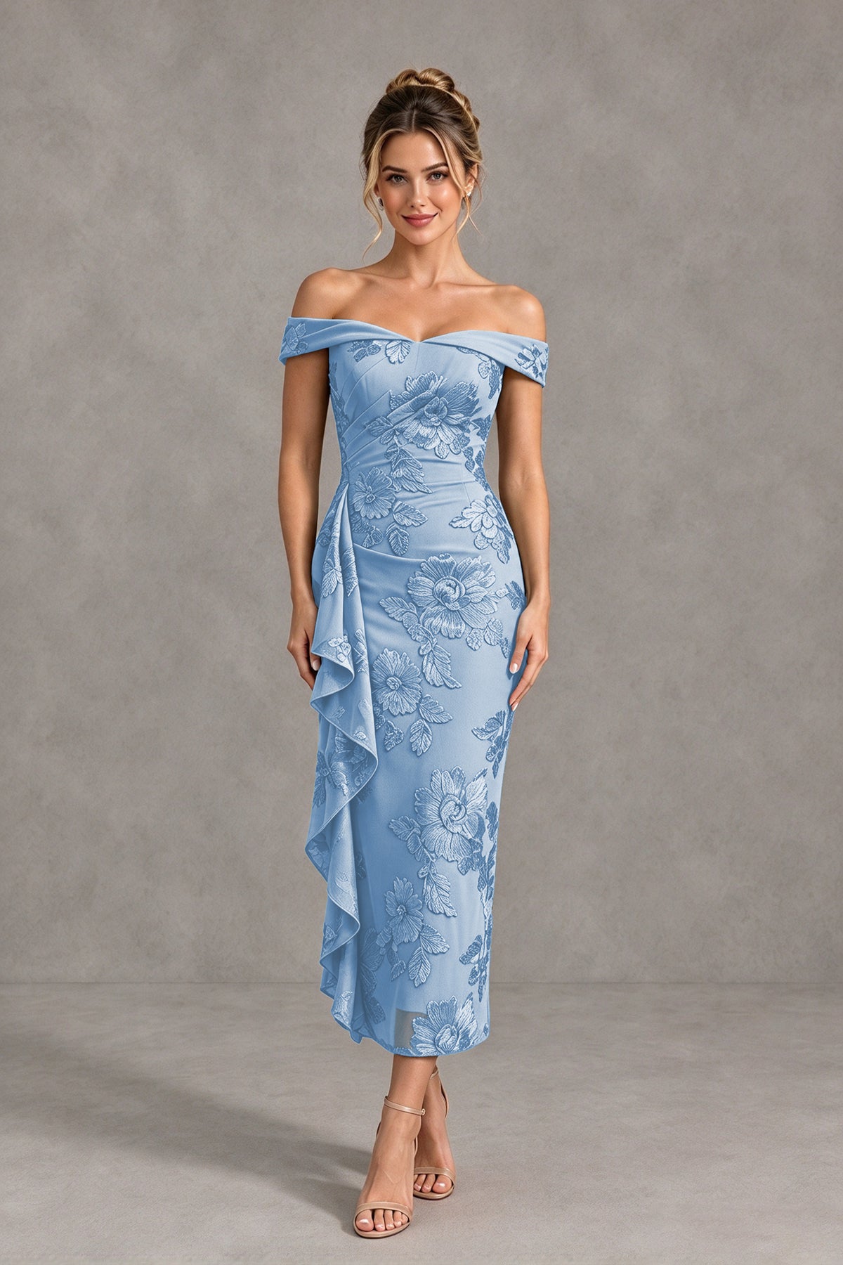 BOLODOO Dusty Blue Off Shoulder Floral Jacquard Midi Dress - Dusty Blue - Dusty Blue(1)