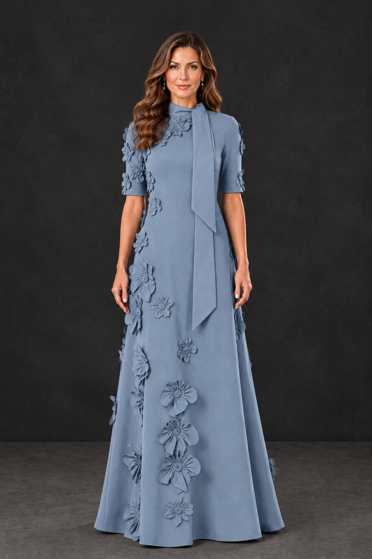 BOLODOO Dusty Blue Floral Applique High-Neck Half-Sleeve Gown - Dusty Blue - Dusty Blue_1