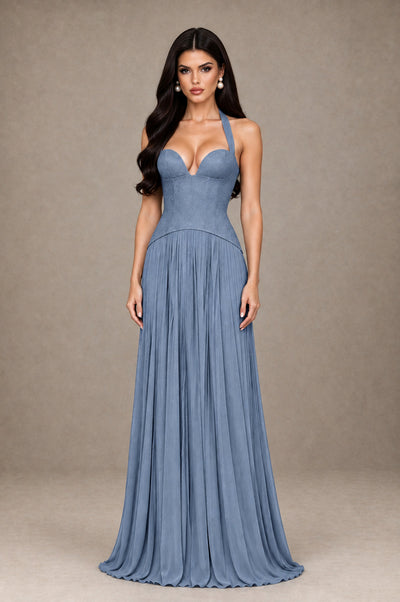 BOLODOO Dusty Blue Halter Corset Pleated A-Line Evening Dress - Dusty Blue - Dusty Blue_1