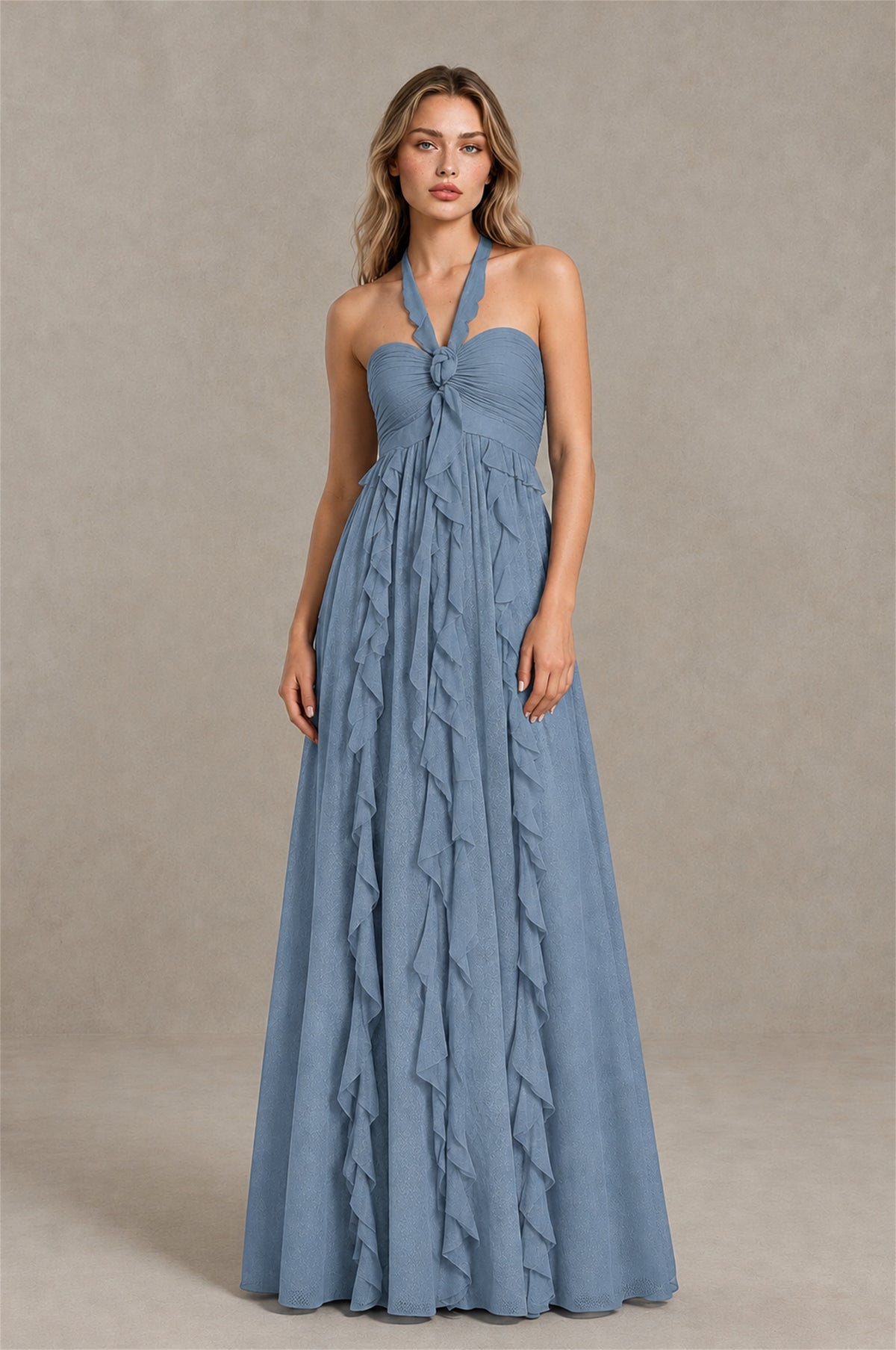 BOLODOO Dusty Blue Halter Ruffle A-Line Floor-Length Evening Dress - Dusty Blue - Dusty_Blue_1